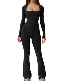 Solid Square Neck Slim Long Sleeve Flare Leg Full Length Jumpsuit