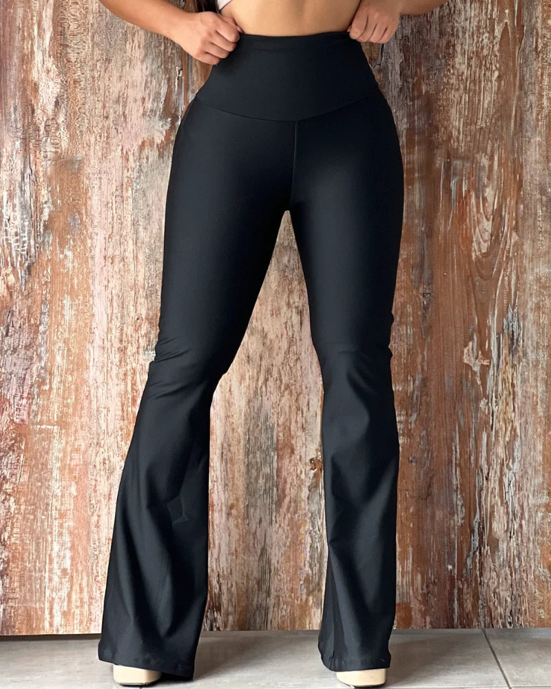 Pantalones acampanados con control de barriga y cintura alta elásticos Leggings acampanados