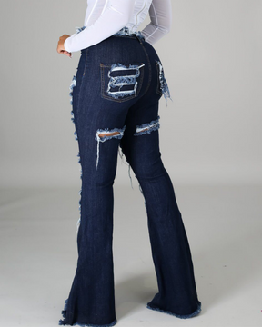 High-Waisted Broken Hole Flared Jeans for Women