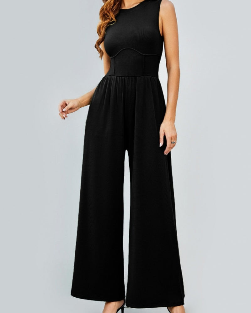 Round Neck Vest High Waist Jumpsuit Wide Leg Pants