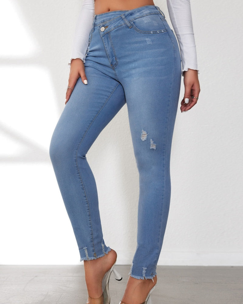 Elastic High Waist Oblique Buttoned Skinny Jeans