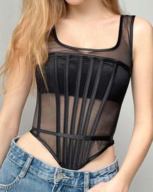 Sexy Mesh Paneled Boned Corset Vest Lace Up Back Bustier Cropped Top