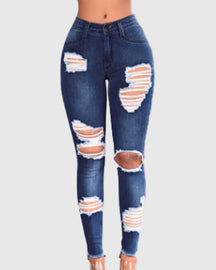 High-waisted Hip-lifting Stretch-leg Ripped Jeans