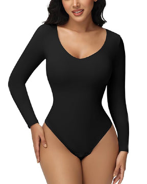 Women's Long Sleeve V Neck Seamless Bodysuits Tummy Control Thong Shapewear