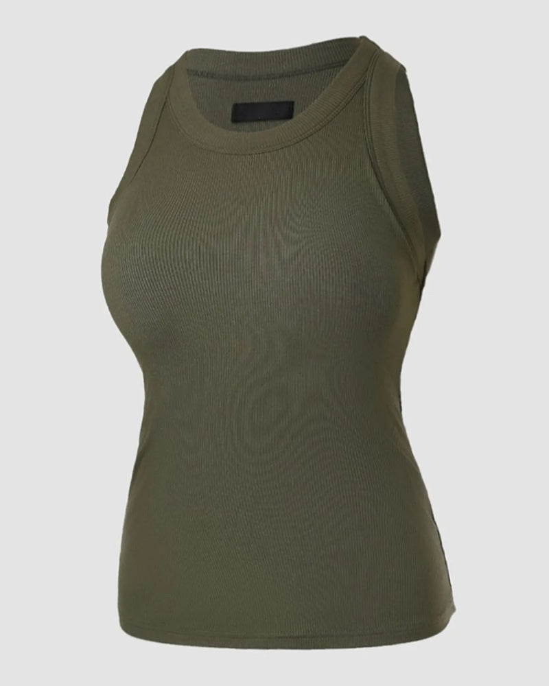 Round Neck Ribbed Tank Top Built In with Bra Padded