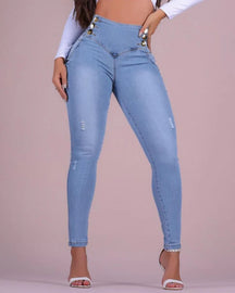 High Waist Double Buttons Tummy Control Stretchy Jeans