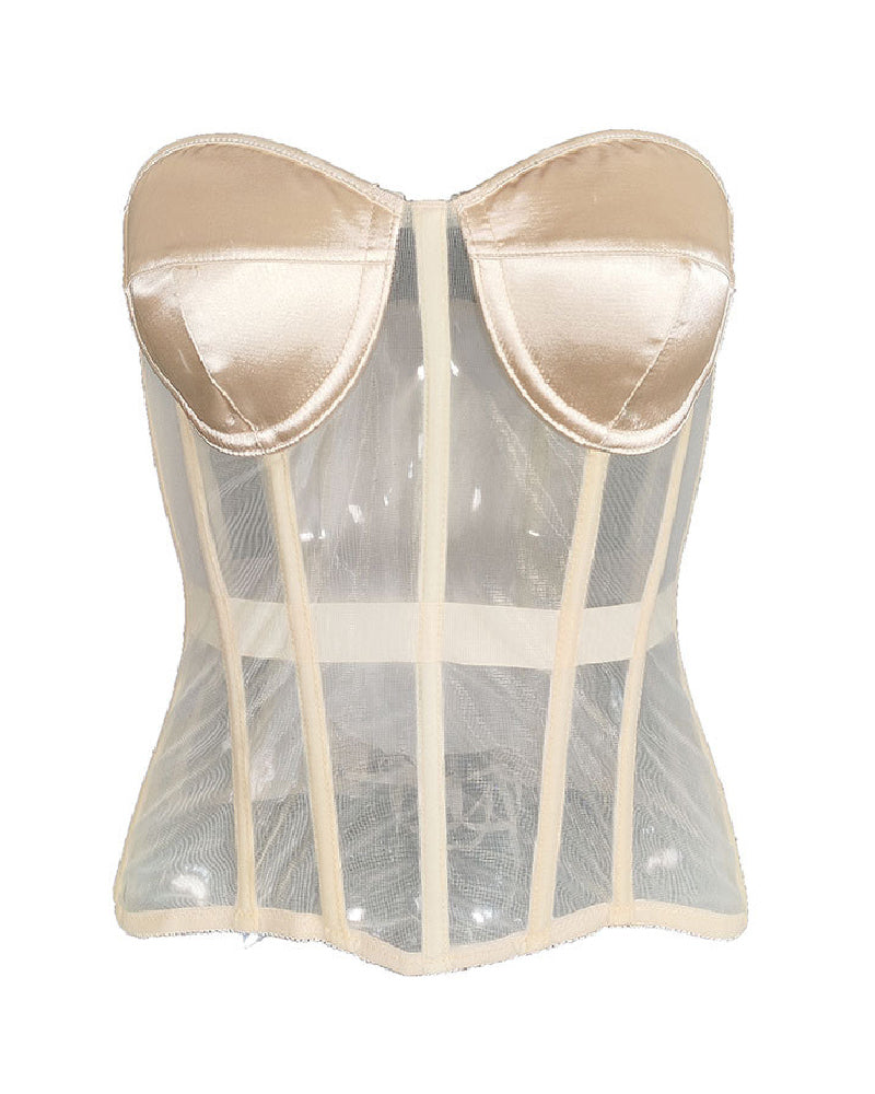 Women's Sexy Mesh Overbust Corset Tops Vintage See Through Slim Bustiers