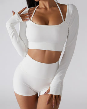 Ribbed Skinny Halter Neck Long-sleeved Yoga Set with Chest Pad