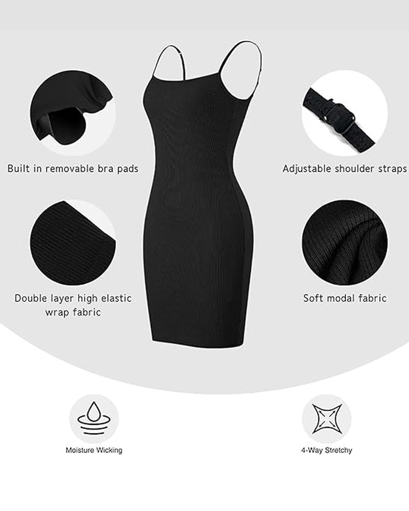 2 in 1 Sleeveless Shaper Dress Built in Bra Midi Full Slip Short Dresses