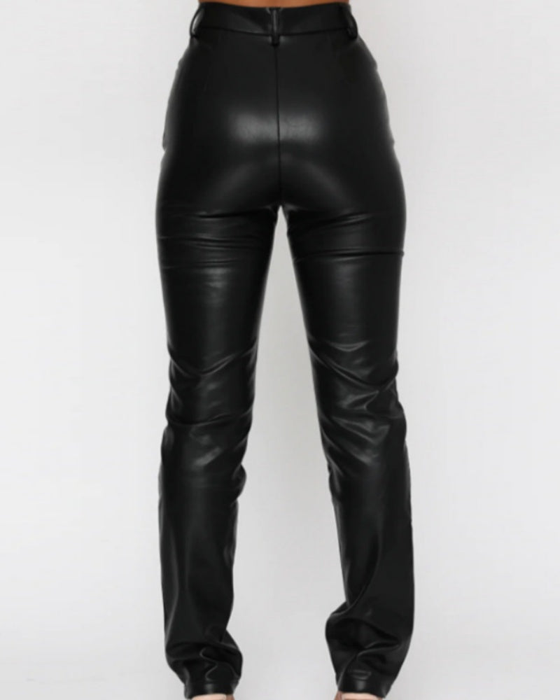 Simple High Waist PU Leather Casual Pants