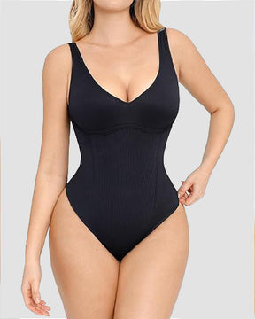 Women's Ribbed Tummy Control Bodysuits Seamed Cups V Neck Thong Shapewear