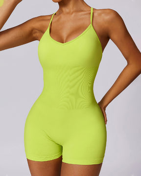 Seamless V-Back Cross Romper Tummy Control One Piece Shorts Sports Jumpsuit