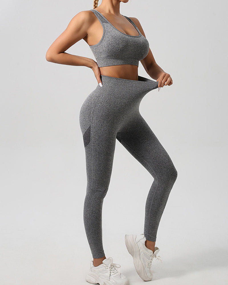 Conjunto de yoga sin costuras para mujer, leggings de cintura alta, cuello redondo, espalda hueca, sujetador deportivo