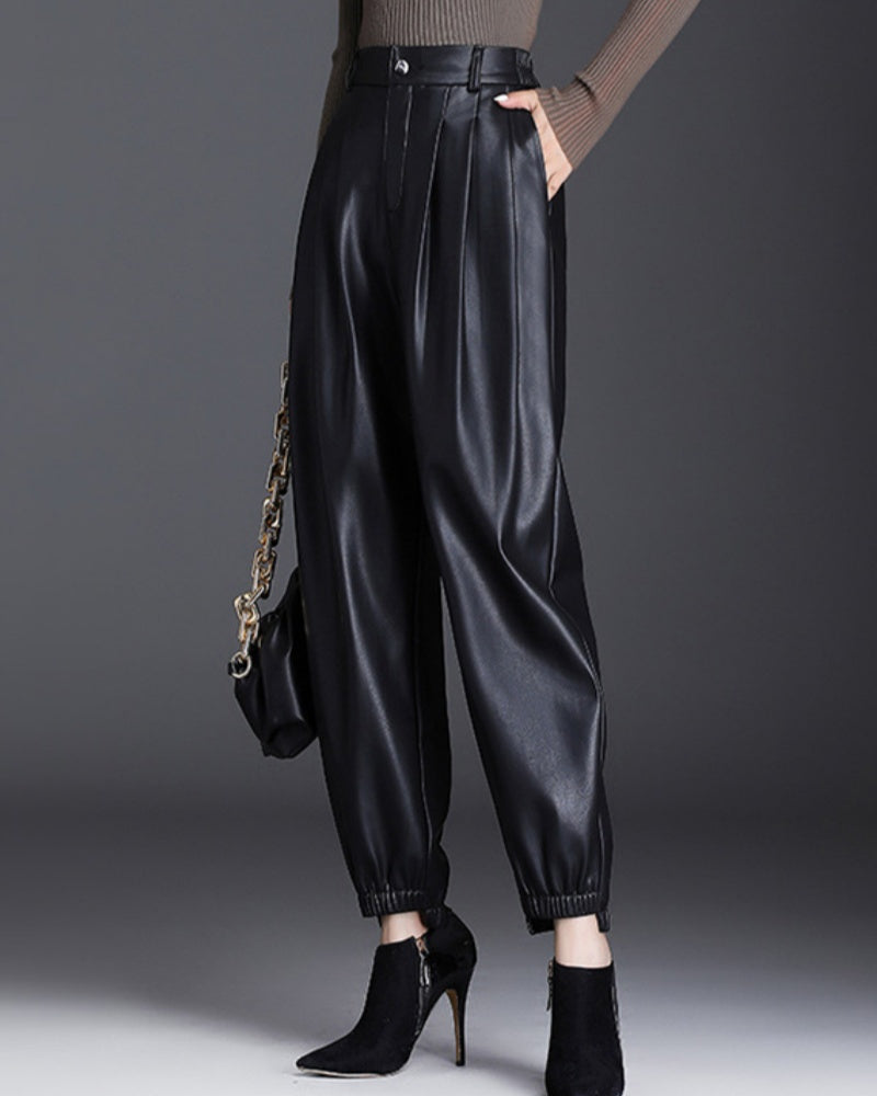 Elastic Waist New Casual Pants Thin Velvet High Waist Slim Carrot Leather Pants