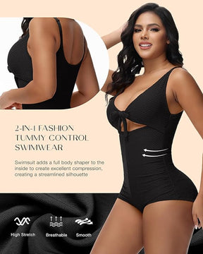 Women's Tummy Control Swimsuit Cutout Tie Knot Front Push Up Shapewear Bathing Suit