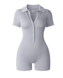 Ribbed Short Sleeve Stand Collar Rompers Front Buttons Stretch Exercise Jumpsuits