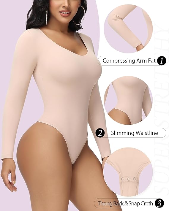 Women's Long Sleeve V Neck Seamless Bodysuits Tummy Control Thong Shapewear