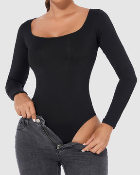 Women's Seamless Square Neck Long Sleeve Bodysuits Sculpting Thong Bottoming Shirt Body Shaper