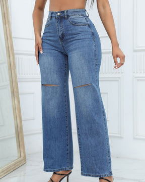 Versatile High Waist Ripped Wide Leg Jeans