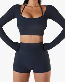 Ribbed Skinny Halter Neck Long-sleeved Yoga Set with Chest Pad