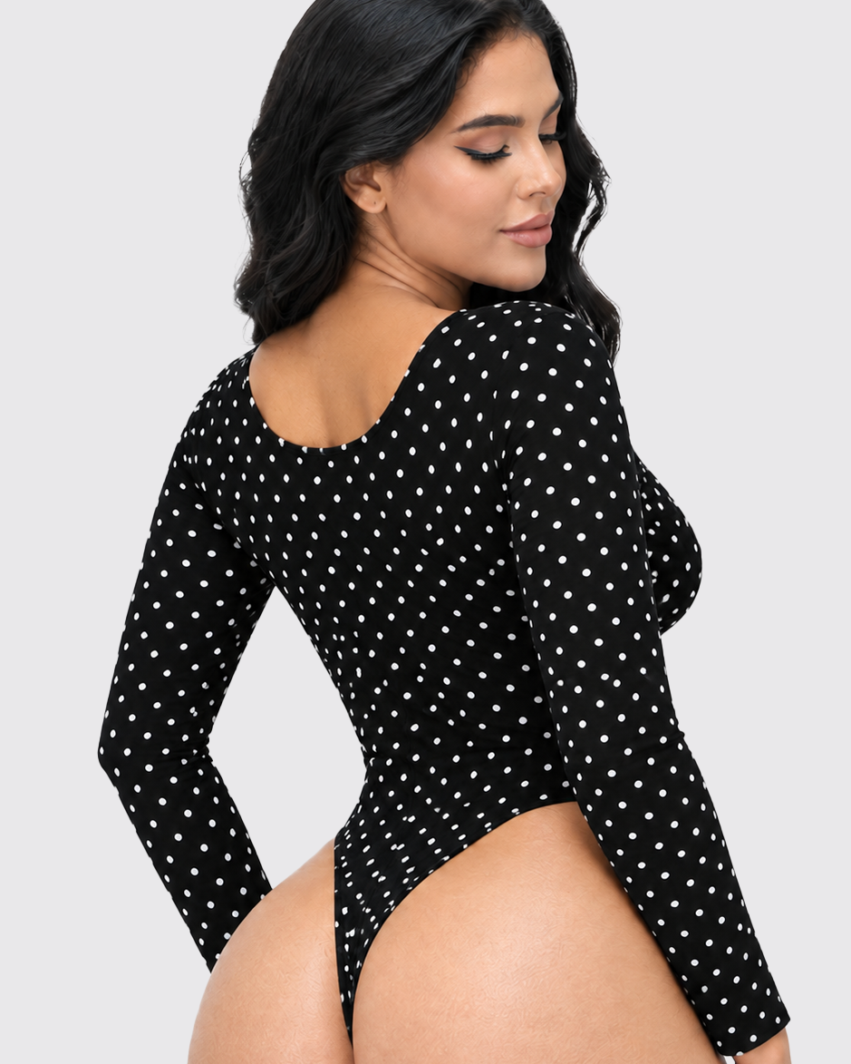 Polka Dot Front Zipper Tummy Control Long Sleeve Thong Shapewear Bodysuit