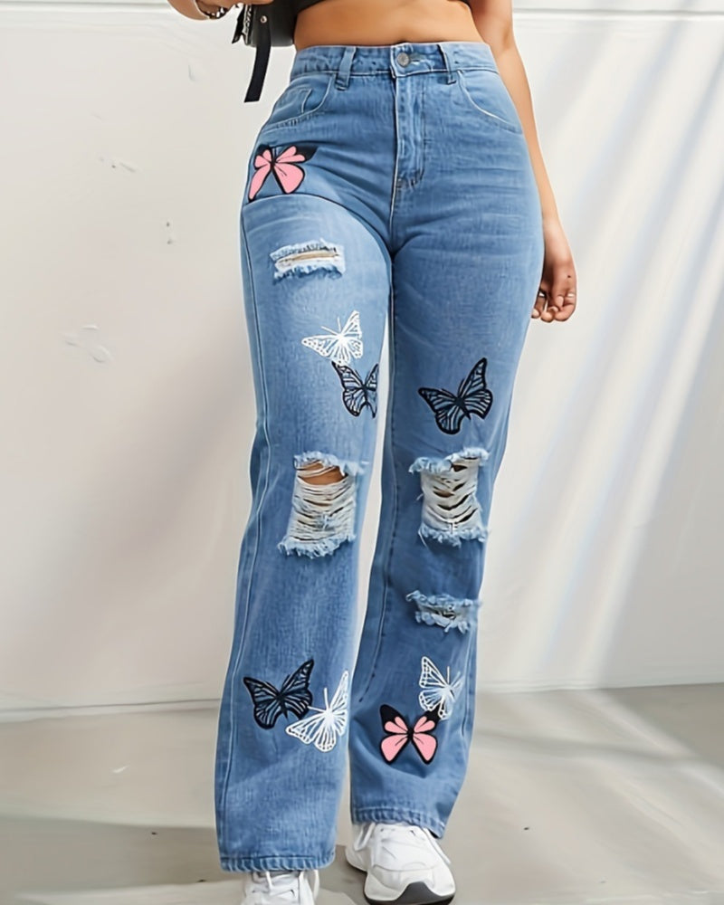 Butterfly Print Ripped Straight High Waist Contrast Jeans