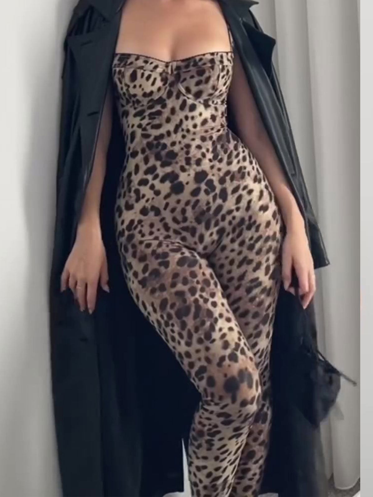 Bodycon Stretch Leopard Print Jumpsuit Sleeveless Push Up Body Catsuit