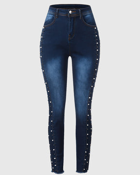 High waist Diamond Studded Beaded Hip Lift High Elastic Skinny Jeans