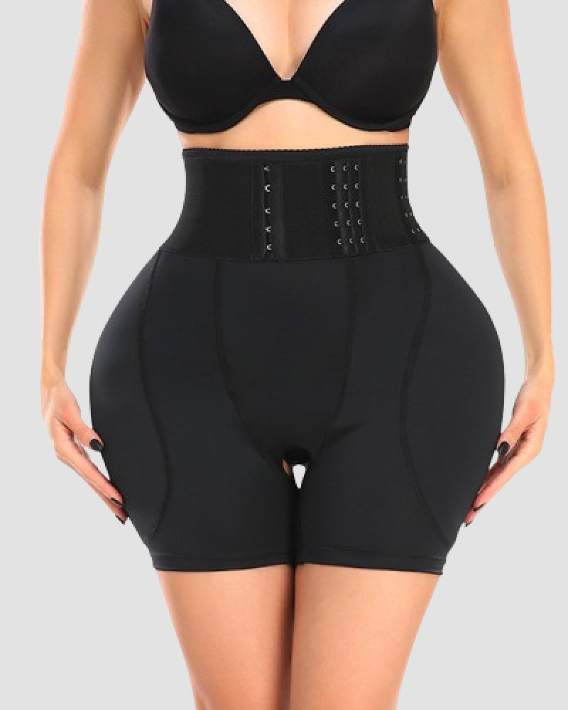 High Waist 9-row Adjustable Buckle Belt Shapewear Shorts With Sponge Pads