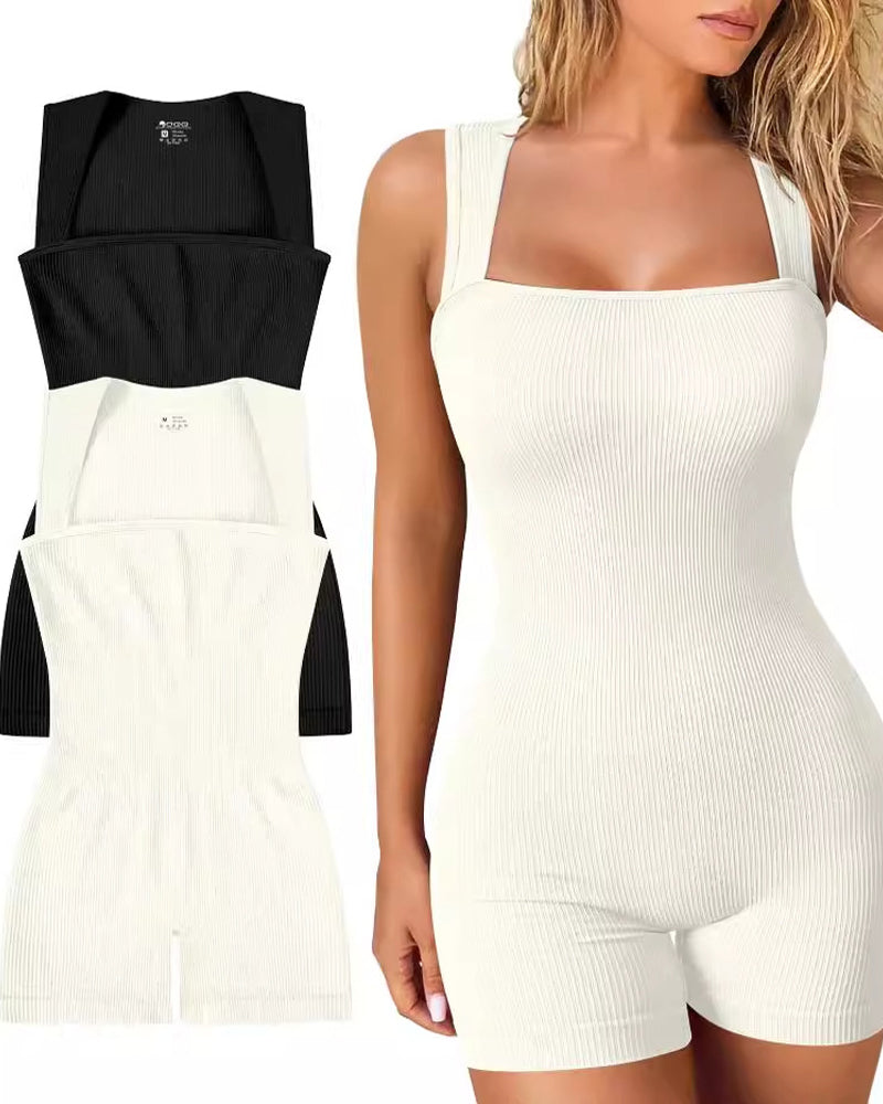 Ribbed Sleeveless Yoga Rompers Tank Tops Square Neck Jumpsuit