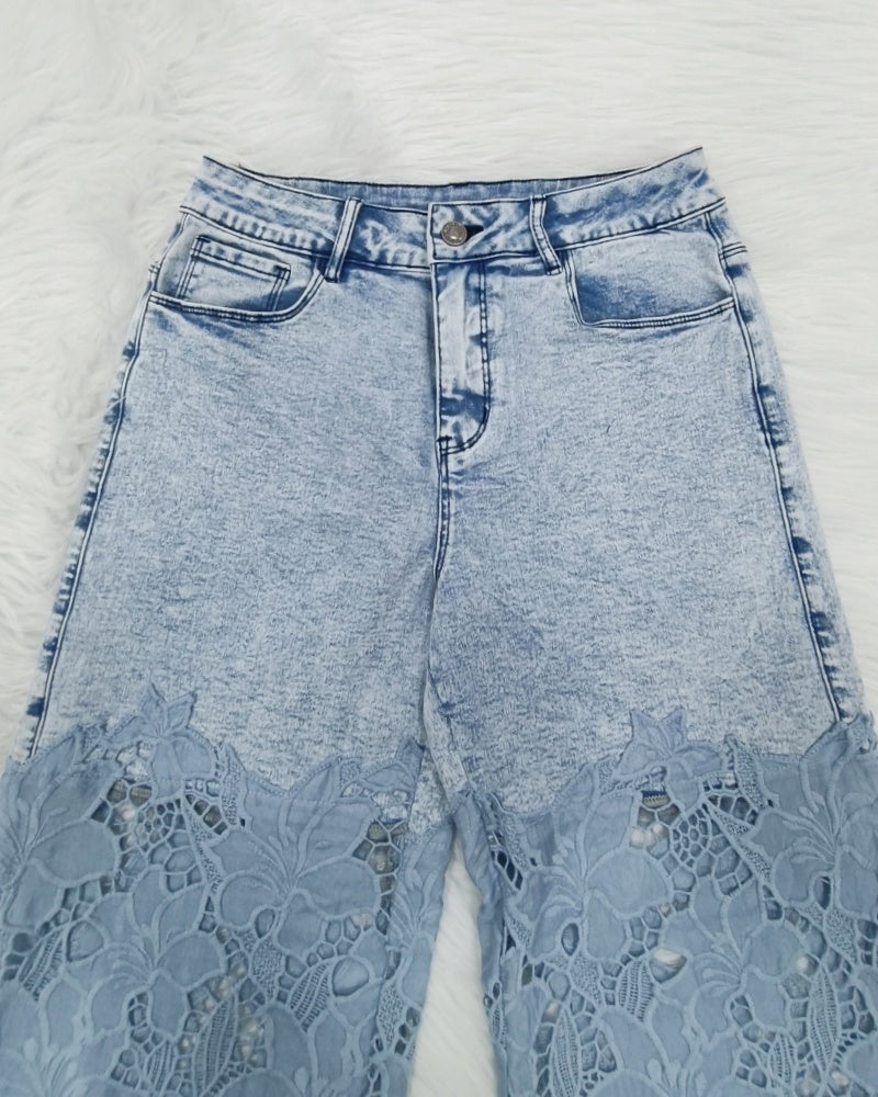 Shapshe® Cut out Floral Denim with Lace Wide Leg Jeans for Women
