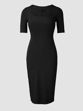 Built-in Shapewear Short Sleeve Square Neck Slim Fit Midi Body Dress