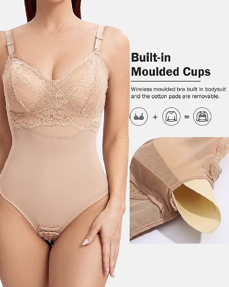 Body de cintura adelgazante de encaje sin costuras, tanga con control de barriga, fajas con sujetador