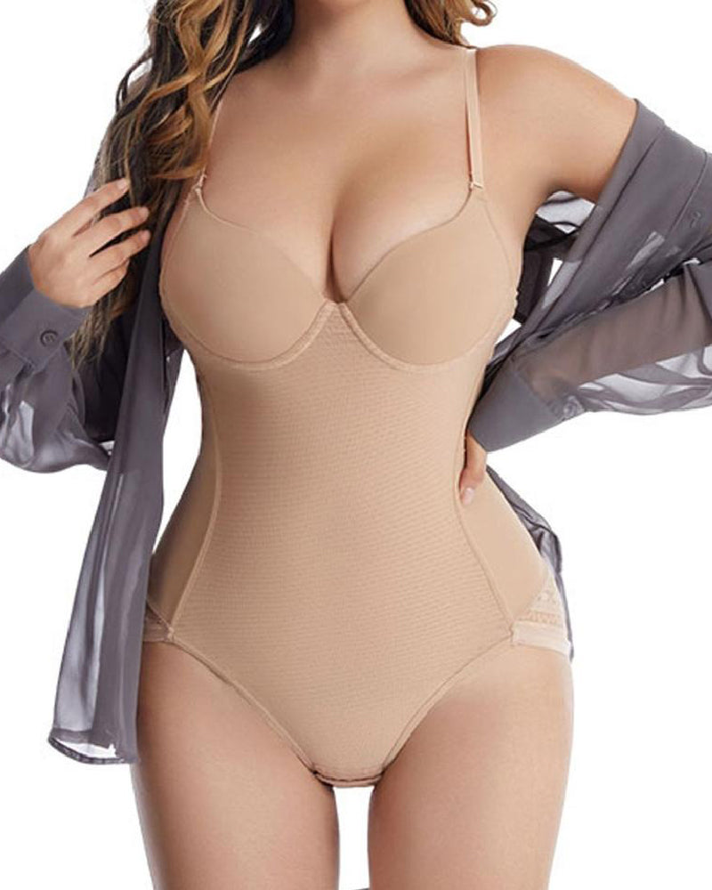 Women's Sheer Mesh Low Back U Plunge Bodysuit Shapewear With Built In Bra