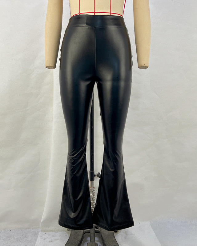 High Waist Shiny Flared Leather Pants for Curvy Women