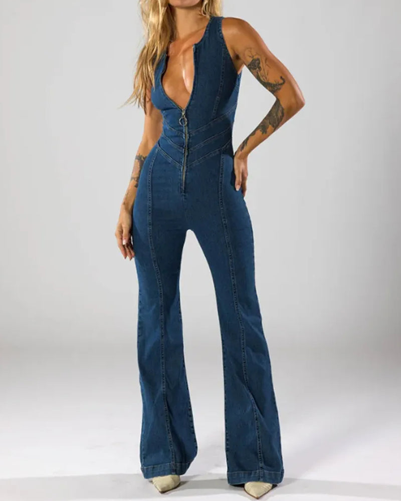 Heart-Shaped Back Cutout Sleeveless Slim Fit Denim Jumpsuit