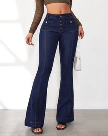 Women's High Waist Buttoned Slim Flared Jeans