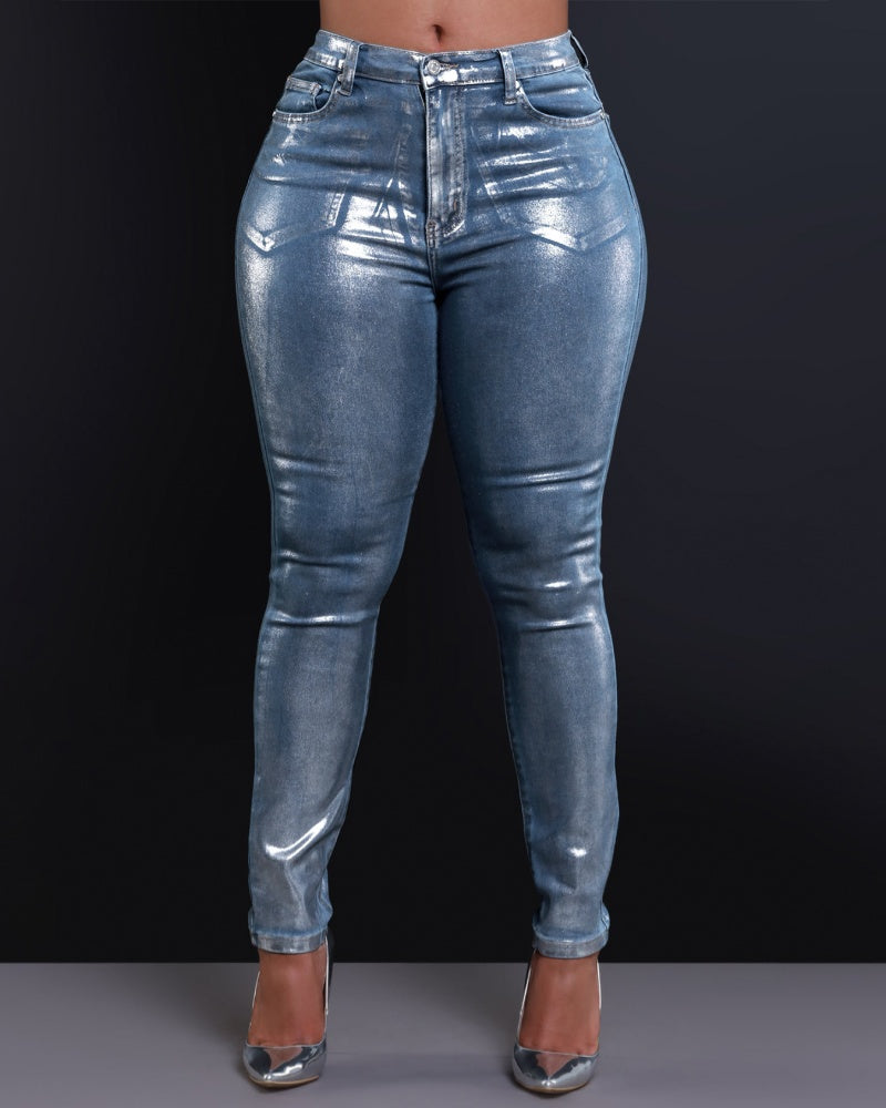 Sexy Silver-Tone Skinny Stretch Jeans for Women