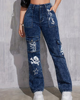 Retro Hot Girl Street Style Loose Straight Print Cargo Jeans