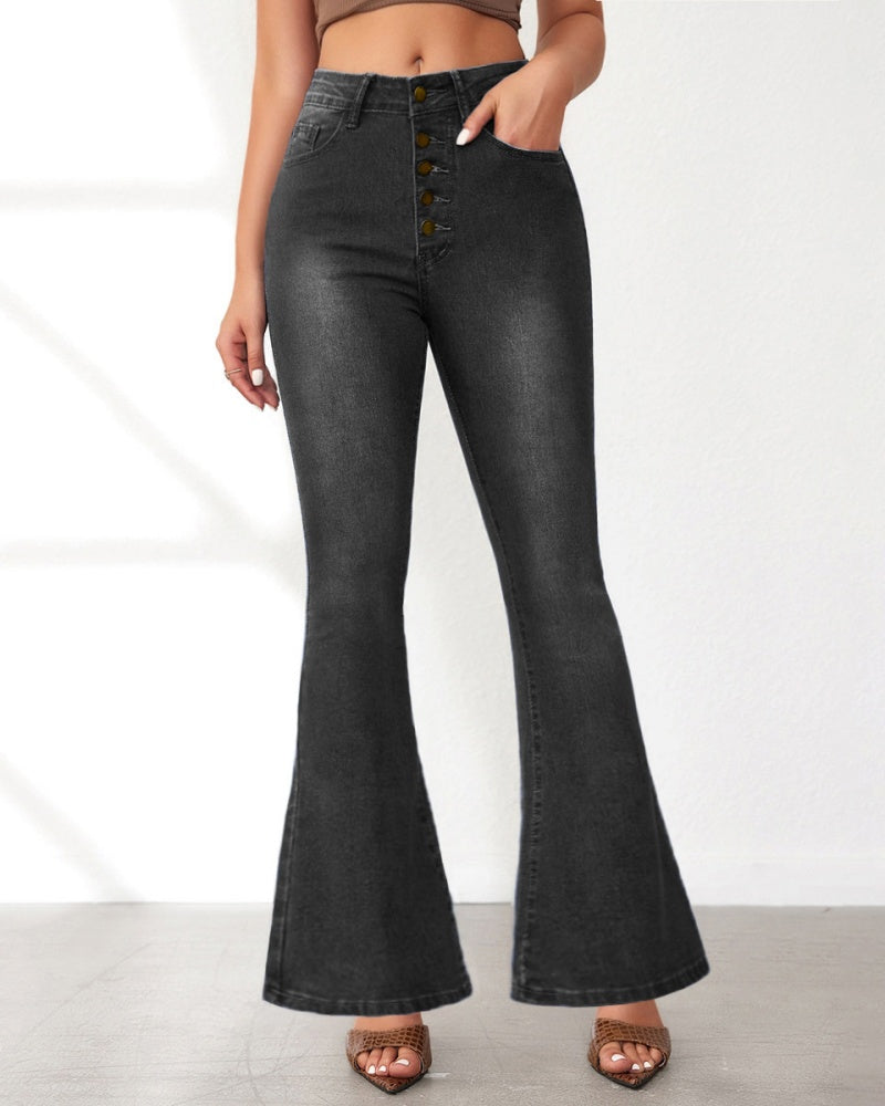 High Waist Slim Flared Jeans for Women with Multi Button