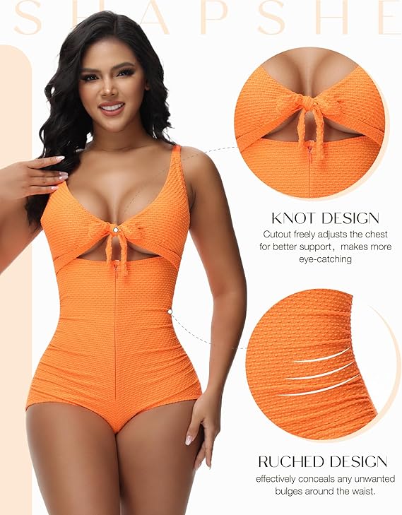 Women's Tummy Control Swimsuit Cutout Tie Knot Front Push Up Shapewear Bathing Suit