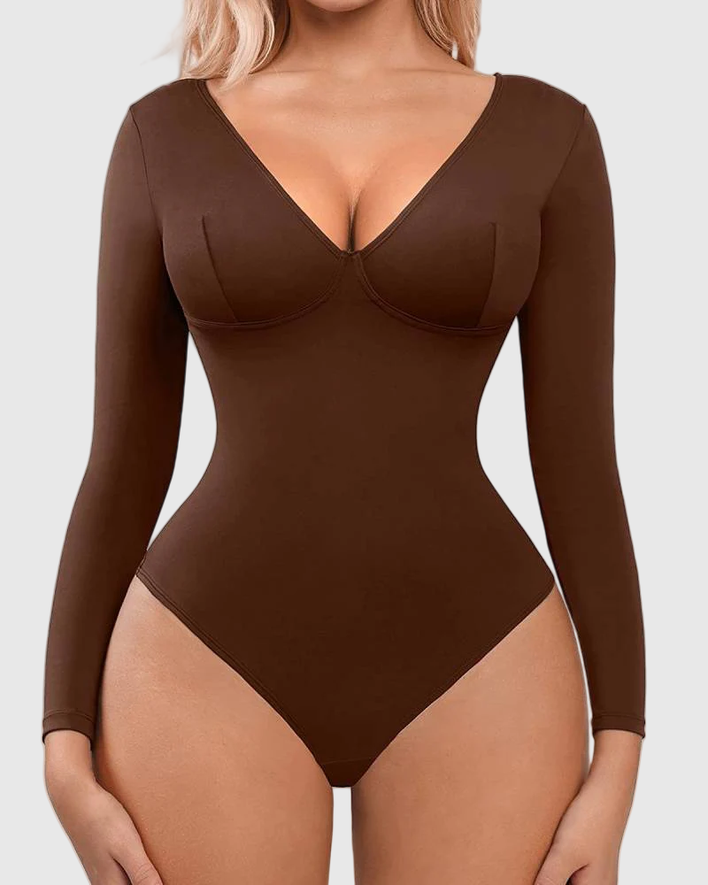 Tummy Control Long Sleeve Bodysuit V Neck One Piece Slim Top Shapewear