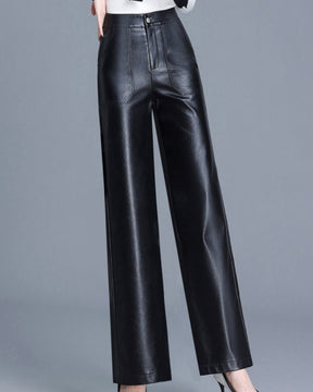 Versatile PU Leather Wide-leg Leather Pants for Women High Waist Slim Straight Pants