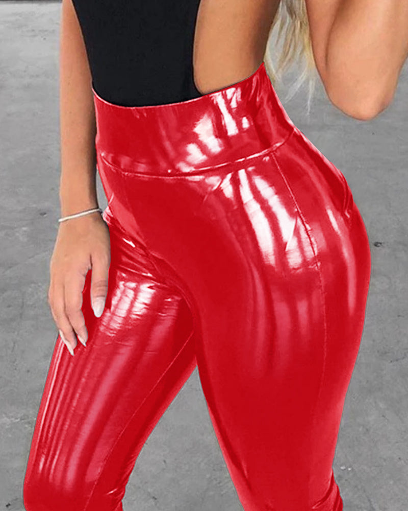 Leggings High Waist PU Leather Pants Women's Shiny Leather Tights