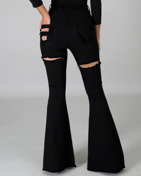 High-Waisted Broken Hole Flared Jeans for Women