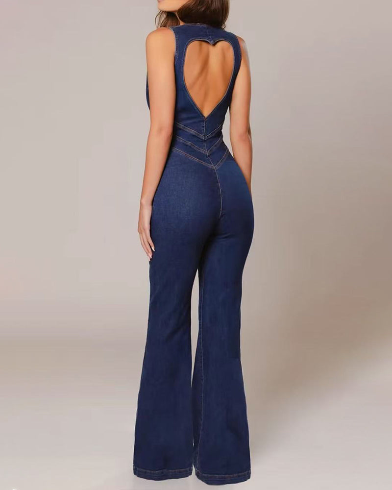 Heart-Shaped Back Cutout Sleeveless Slim Fit Denim Jumpsuit