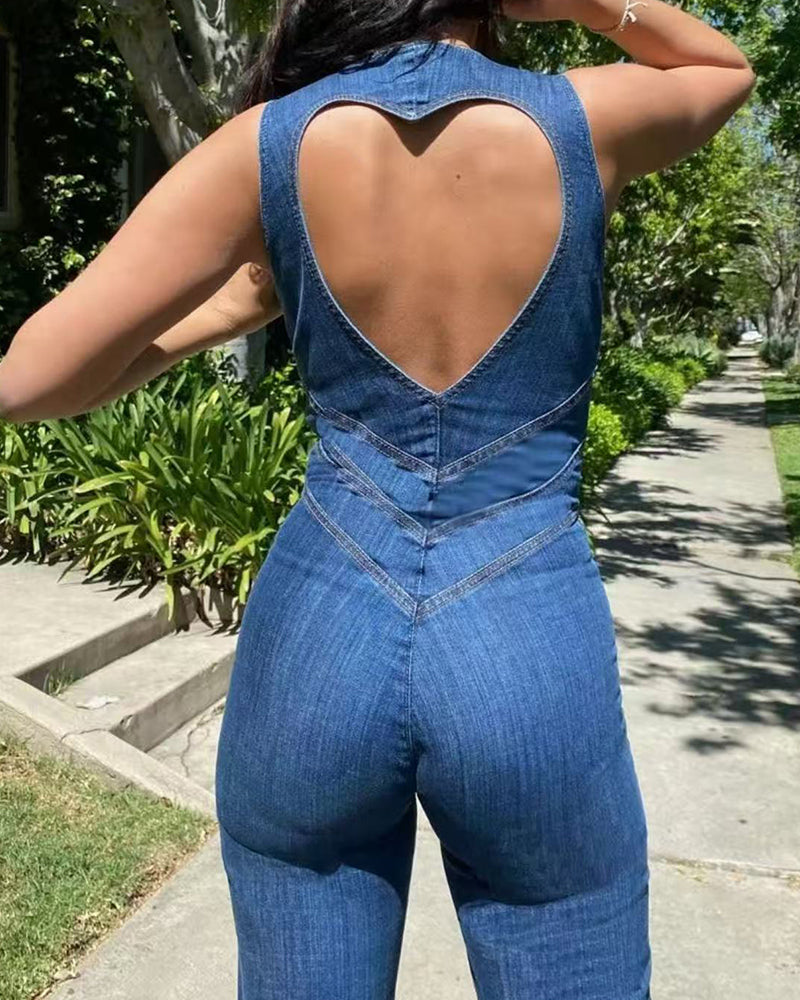 Heart-Shaped Back Cutout Sleeveless Slim Fit Denim Jumpsuit