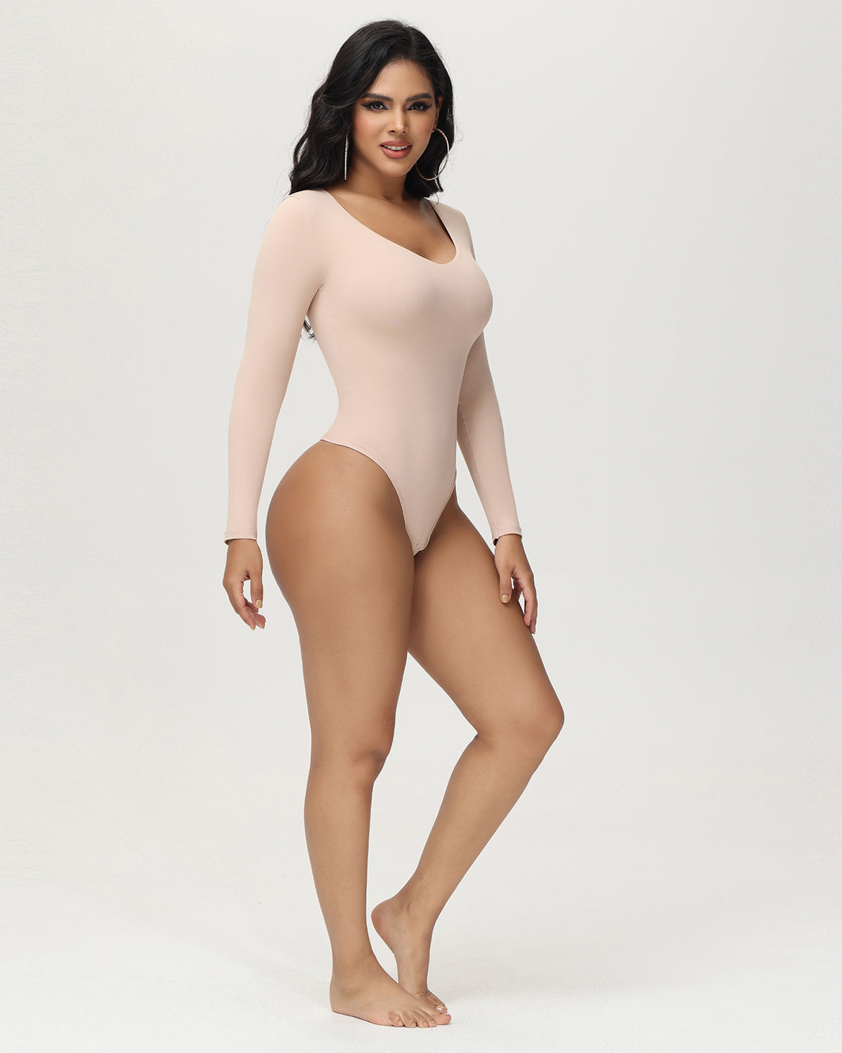 Women's Long Sleeve V Neck Seamless Bodysuits Tummy Control Thong Shapewear