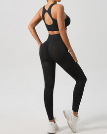 Women's Seamless Yoga Set High Waist Leggings Scoop Neck Hollow Back Sport Bra Set