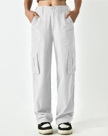 Women's Mid Rise Flap Pockets Straight Leg Casual Cargo Pants